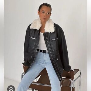 Weworewhat Long Vegan Leather Sherpa Collar Jacket, Grey Patina